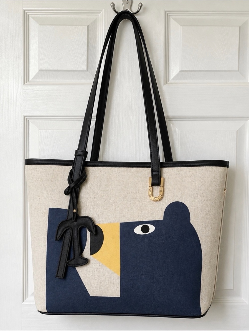 Abstract Bear Print Canvas Tote Bag Vegan Leather Trim Large Shoulder Bag